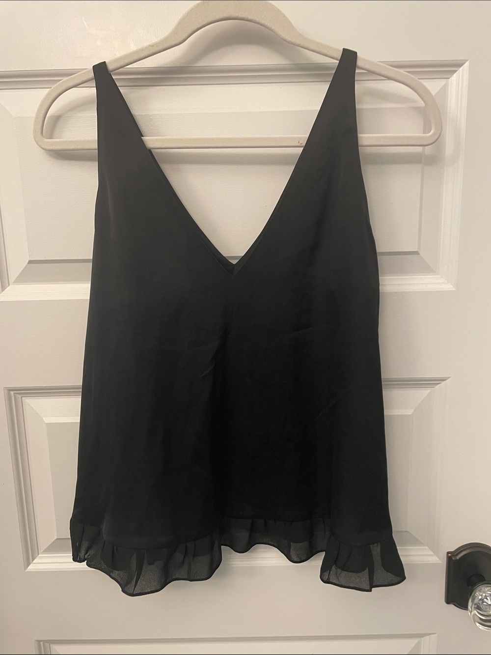Classic Black V-Neck Ruffle Hem Women's Tank Top